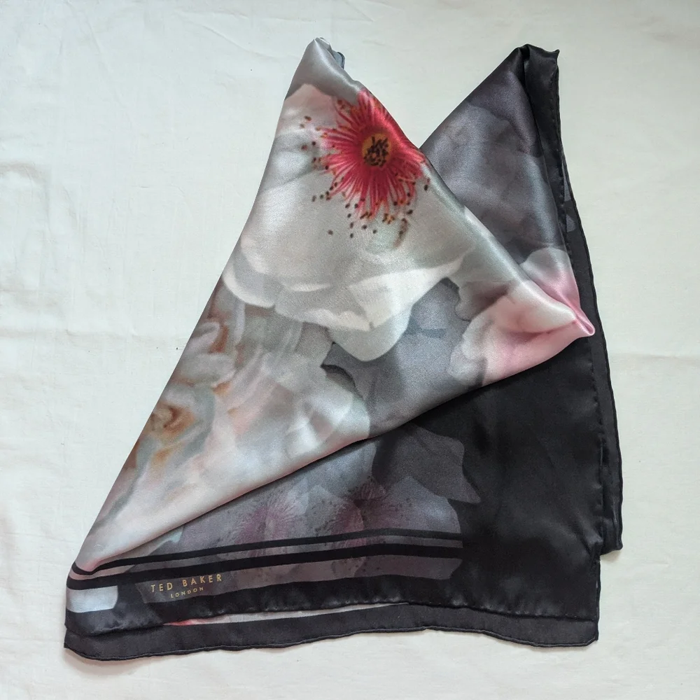 Ted Baker Silk Extra Large Botanical Floral Scarf Gray Pink